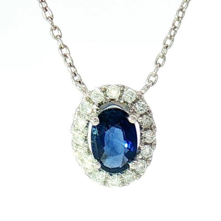 18k White Gold Charm Halo Necklace with 0.57ct Blue Sapphire and 0.11 tcw Natural Diamond