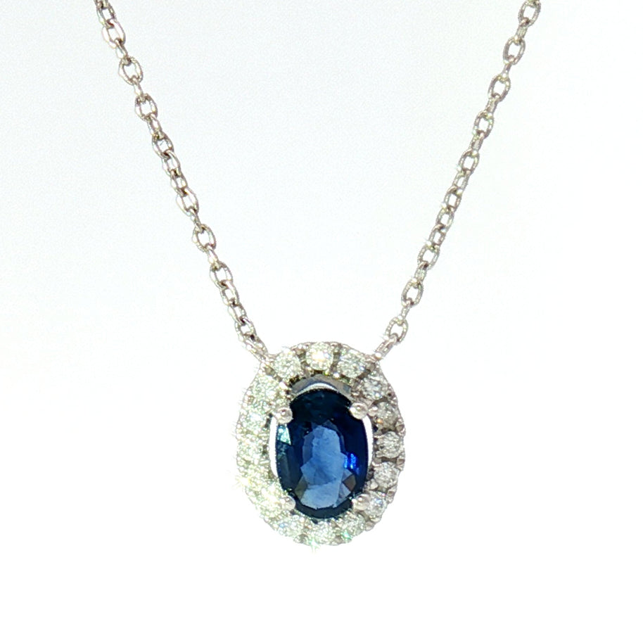 18k White Gold Charm Halo Necklace with 0.57ct Blue Sapphire and 0.11 tcw Natural Diamond