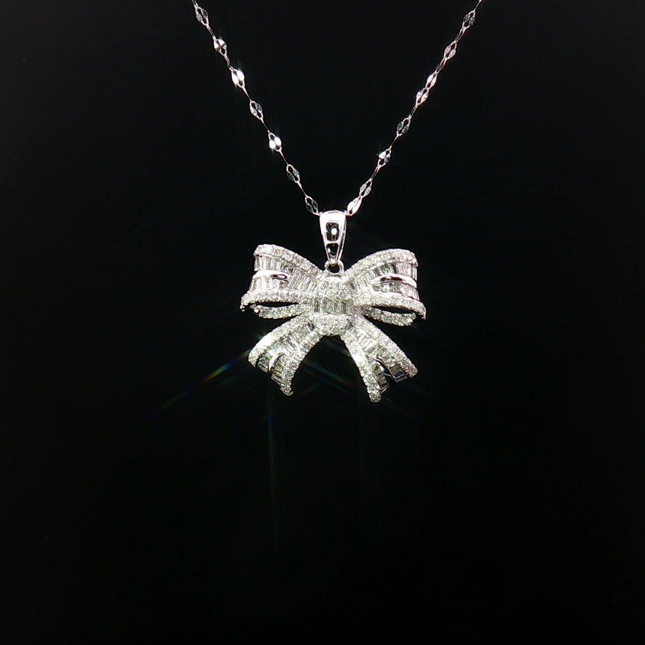 18k White Gold Ribbon Diamond Pendant – 0.80ct Natural Baguette & Round Brilliant Diamonds