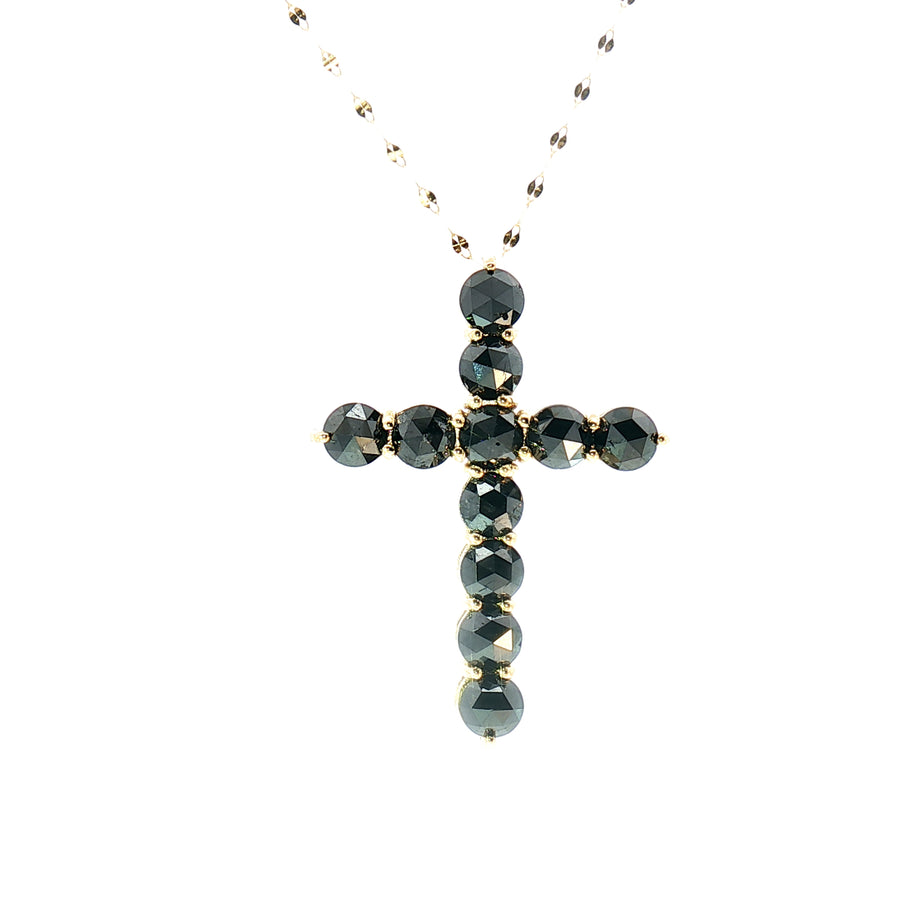 18k Yellow Gold Cross Pendant – 5.00ct Natural Rose-Cut Black Diamond Statement Design