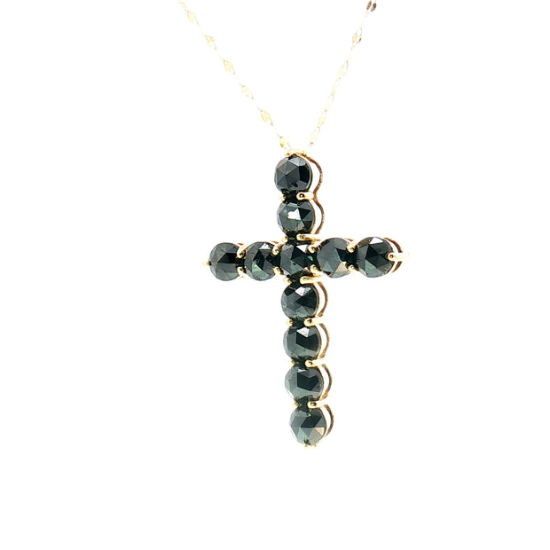 18k Yellow Gold Cross Pendant – 5.00ct Natural Rose-Cut Black Diamond Statement Design
