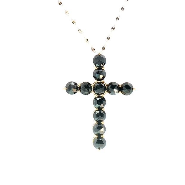 18k Yellow Gold Cross Pendant – 5.00ct Natural Rose-Cut Black Diamond Statement Design