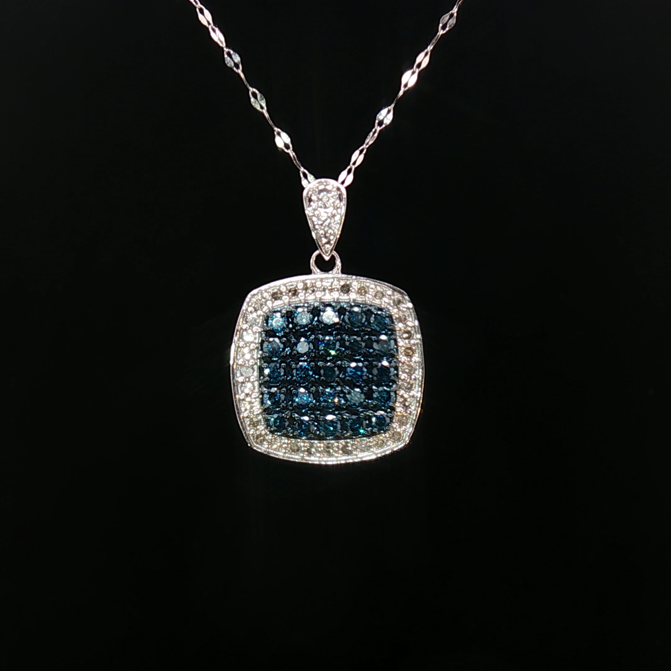 18k White Gold Square Pendant – 1.00ct Fancy Blue & White Natural Brilliant Diamond Halo