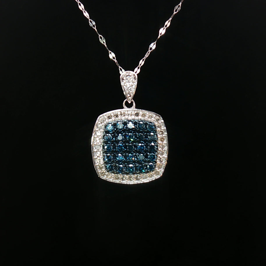 18k White Gold Square Pendant – 1.00ct Fancy Blue & White Natural Brilliant Diamond Halo