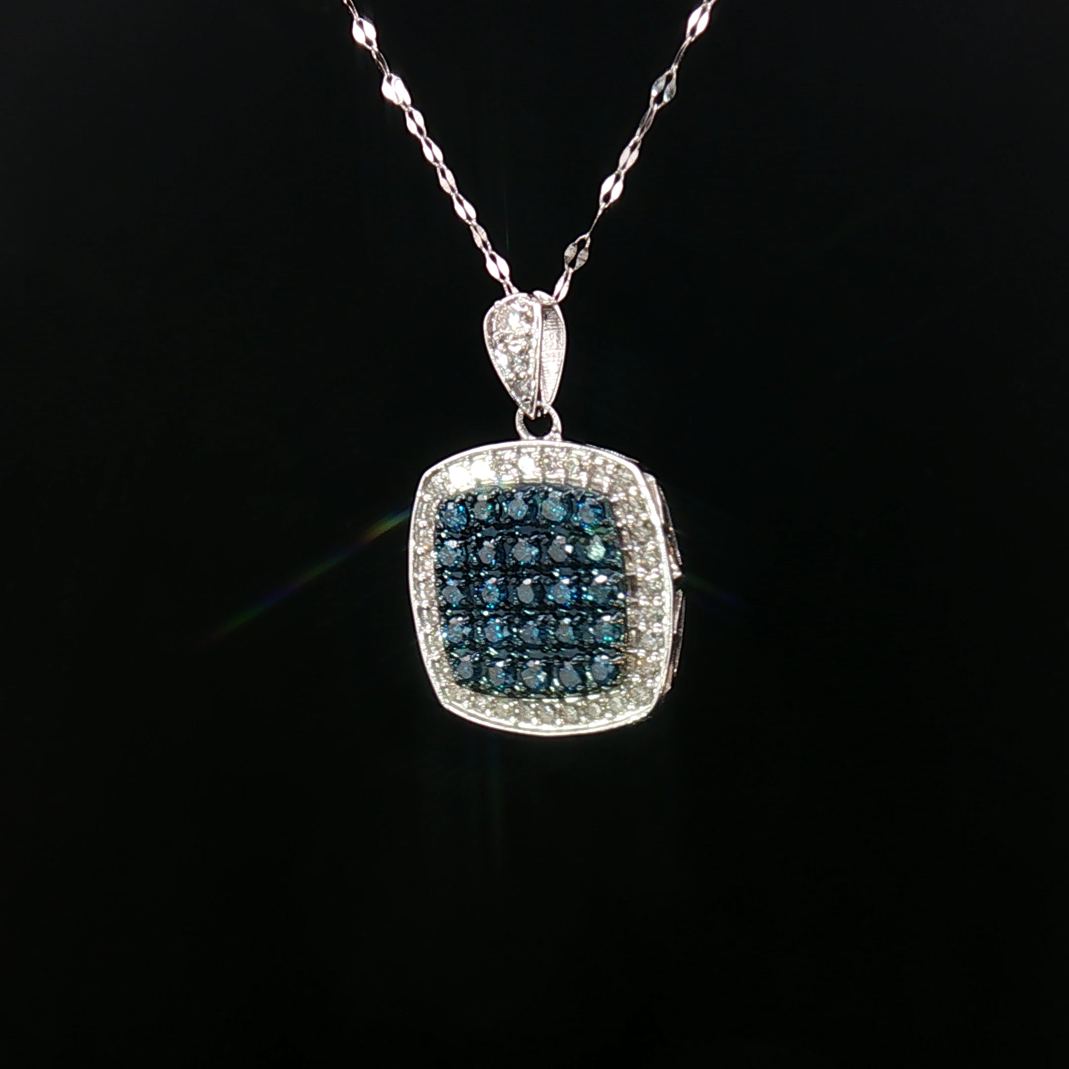 18k White Gold Square Pendant – 1.00ct Fancy Blue & White Natural Brilliant Diamond Halo