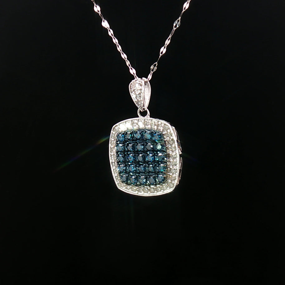 18k White Gold Square Pendant – 1.00ct Fancy Blue & White Natural Brilliant Diamond Halo