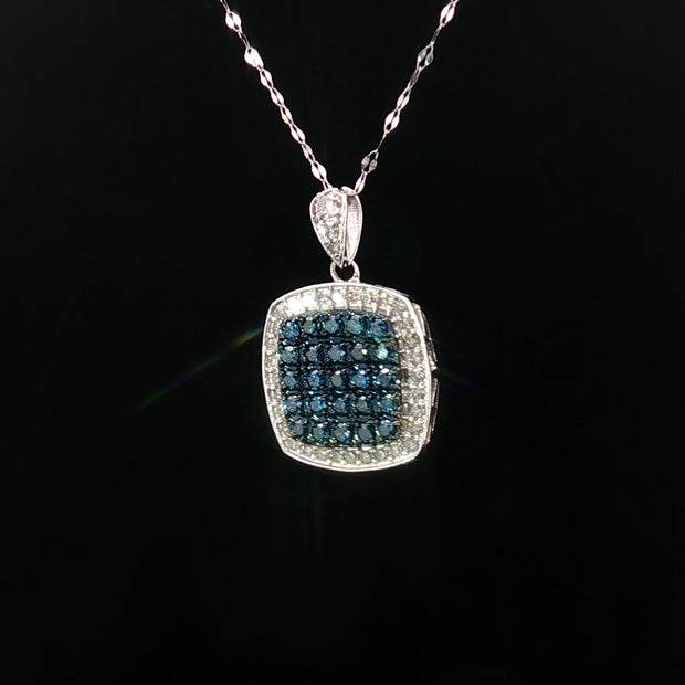 18k White Gold Square Pendant – 1.00ct Fancy Blue & White Natural Brilliant Diamond Halo