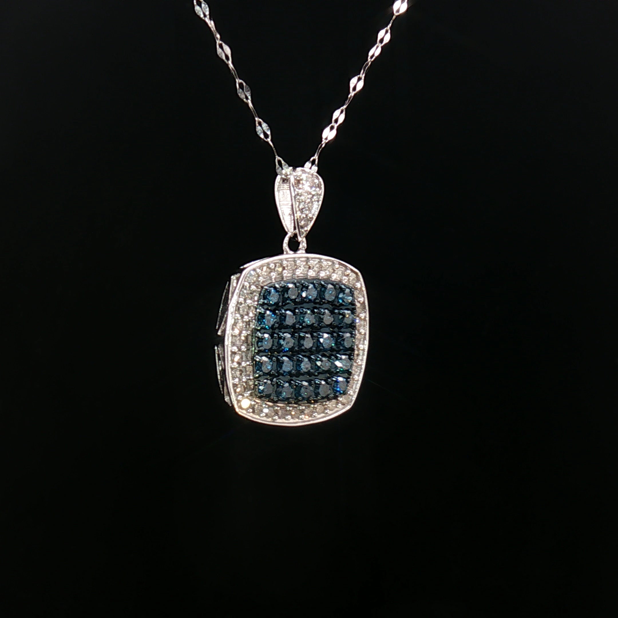 18k White Gold Square Pendant – 1.00ct Fancy Blue & White Natural Brilliant Diamond Halo
