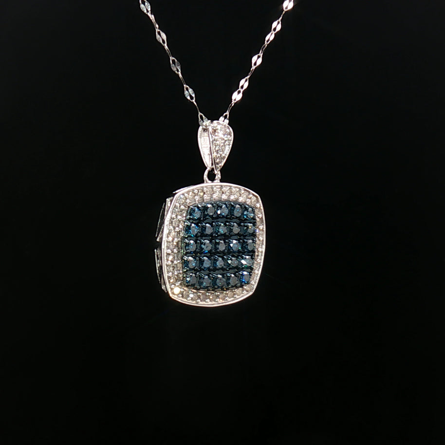 18k White Gold Square Pendant – 1.00ct Fancy Blue & White Natural Brilliant Diamond Halo