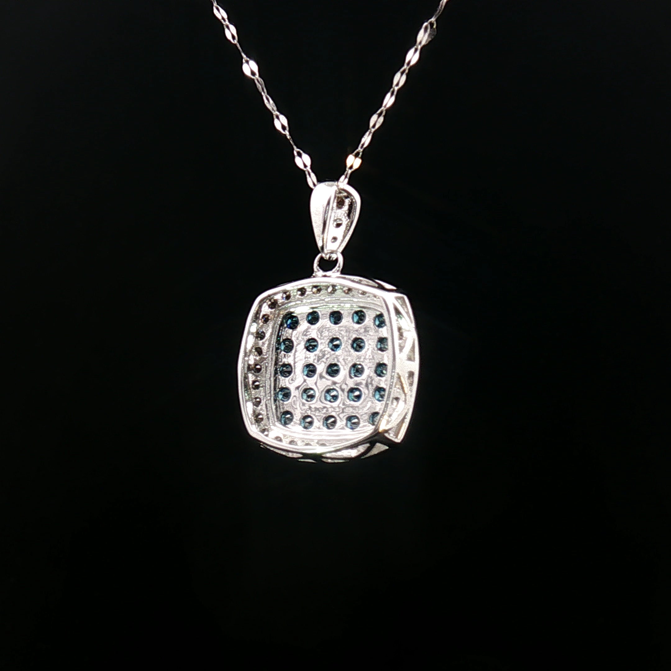 18k White Gold Square Pendant – 1.00ct Fancy Blue & White Natural Brilliant Diamond Halo
