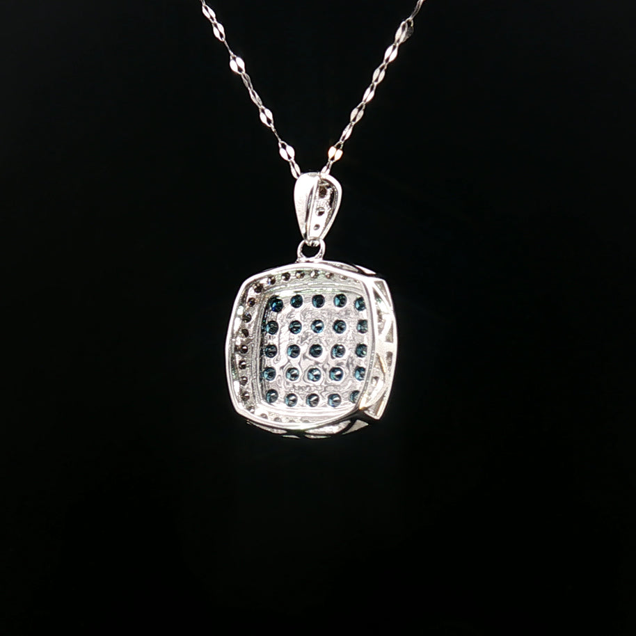 18k White Gold Square Pendant – 1.00ct Fancy Blue & White Natural Brilliant Diamond Halo