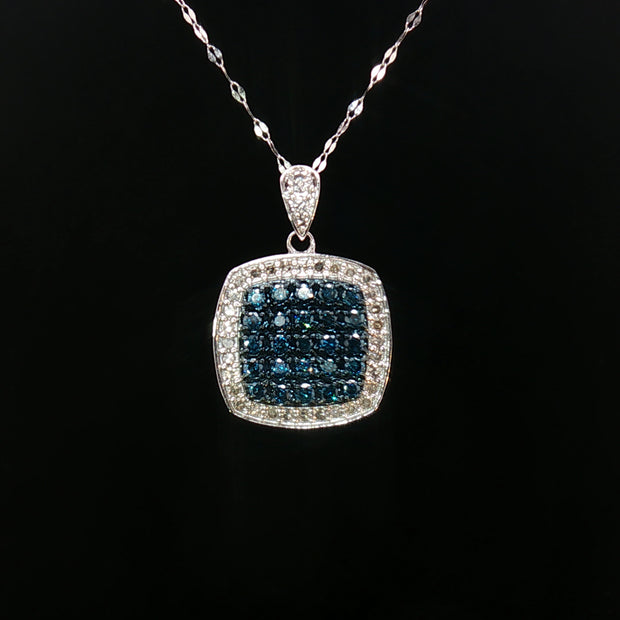 18k White Gold Square Pendant – 1.00ct Fancy Blue & White Natural Brilliant Diamond Halo