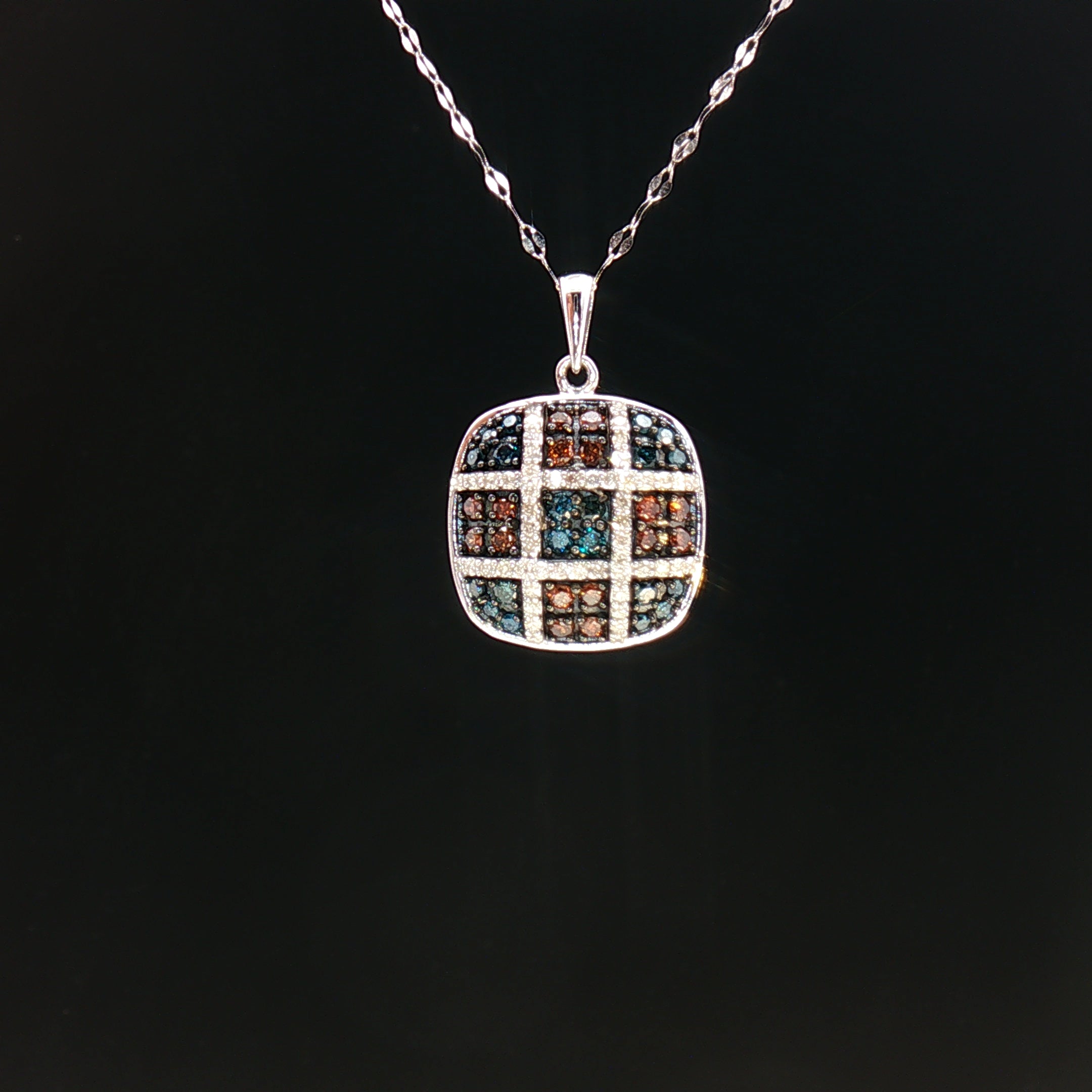 18k White Gold Cushion Pendant with 0.50tcw Red, Blue and Colourless Natural Diamond