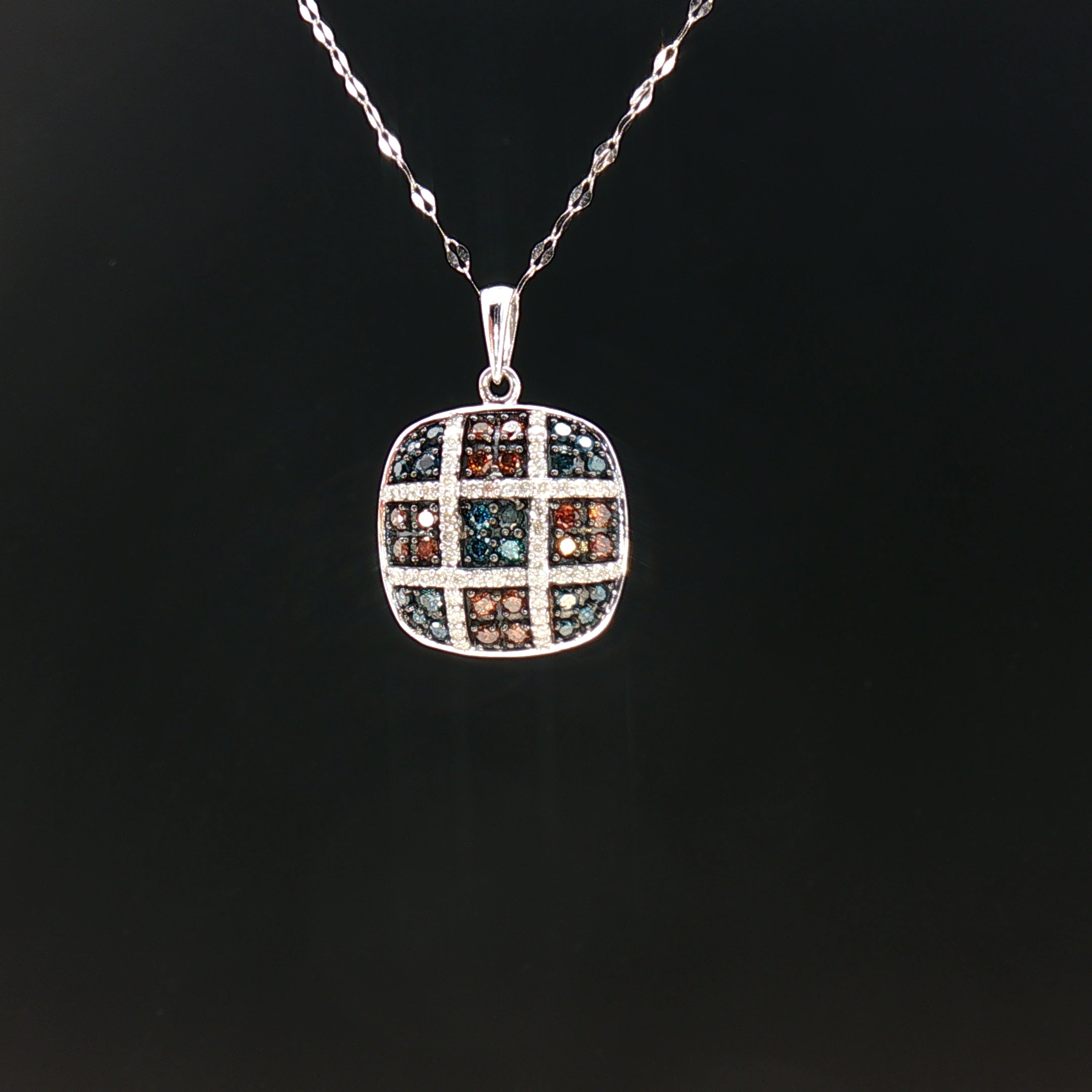 18k White Gold Cushion Pendant with 0.50tcw Red, Blue and Colourless Natural Diamond