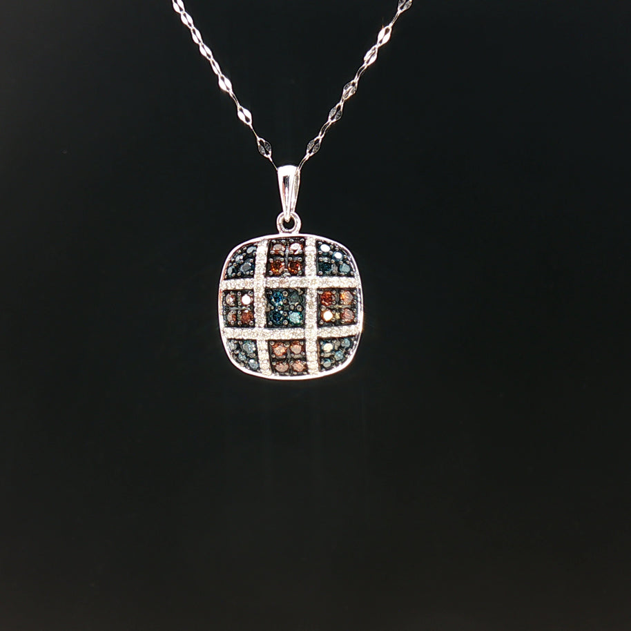 18k White Gold Cushion Pendant with 0.50tcw Red, Blue and Colourless Natural Diamond