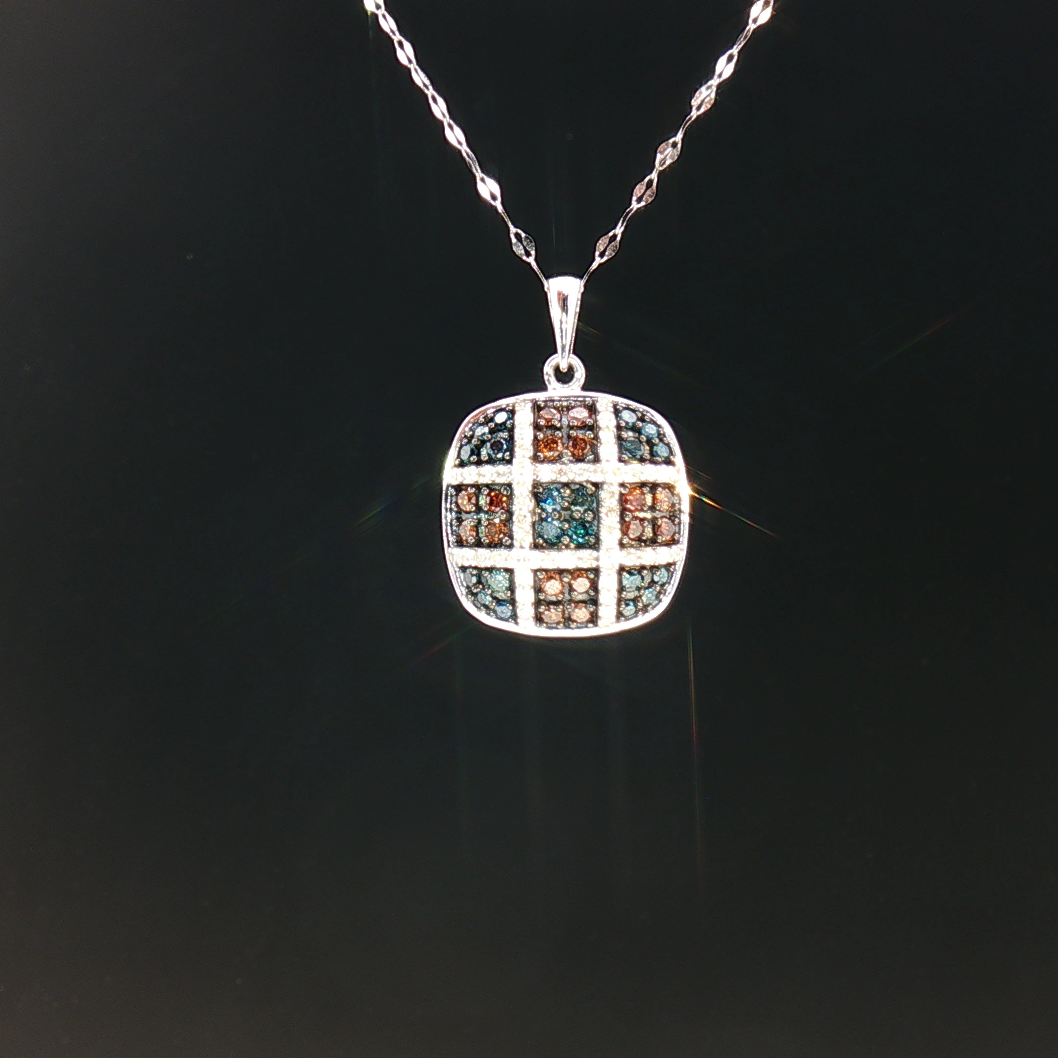 18k White Gold Cushion Pendant with 0.50tcw Red, Blue and Colourless Natural Diamond