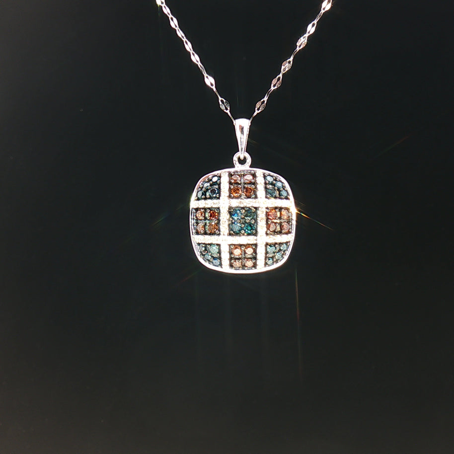 18k White Gold Cushion Pendant with 0.50tcw Red, Blue and Colourless Natural Diamond
