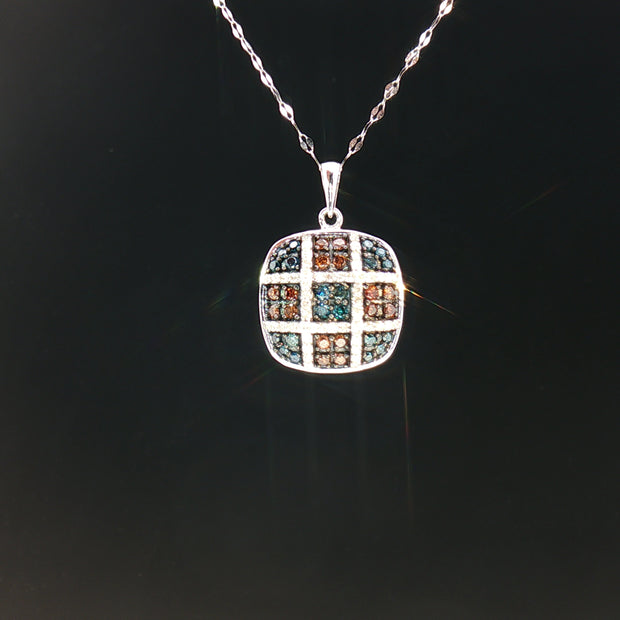 18k White Gold Cushion Pendant with 0.50tcw Red, Blue and Colourless Natural Diamond
