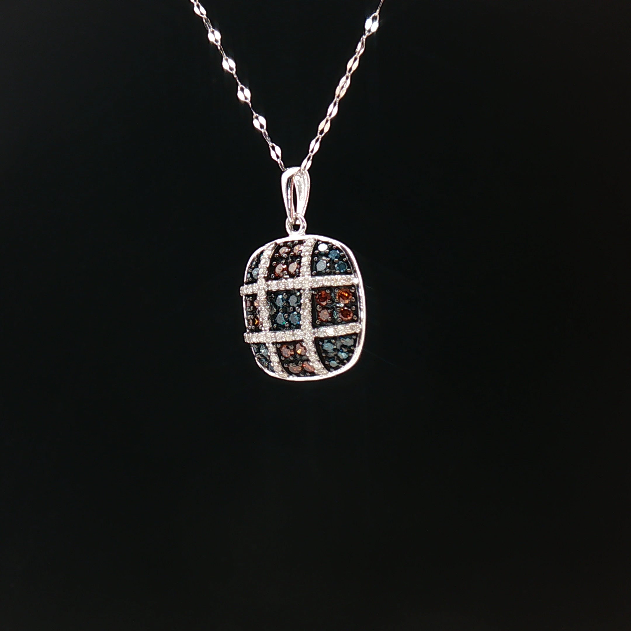 18k White Gold Cushion Pendant with 0.50tcw Red, Blue and Colourless Natural Diamond