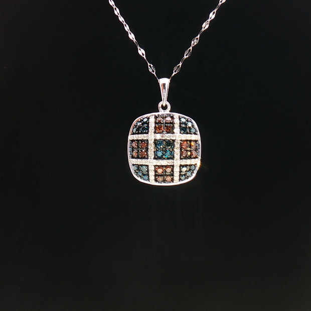18k White Gold Cushion Pendant with 0.50tcw Red, Blue and Colourless Natural Diamond