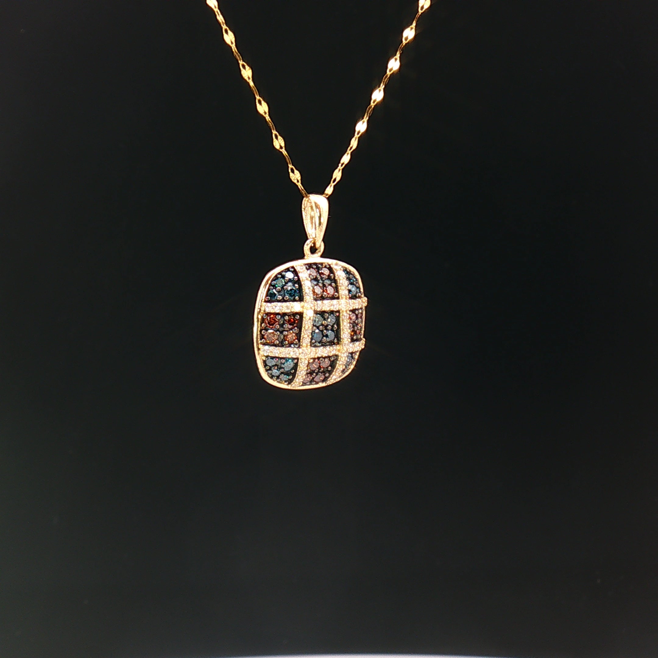 18k Yellow Gold Cushion Pendant – 0.50ct Red, Blue & Colourless Natural Brilliant Diamonds