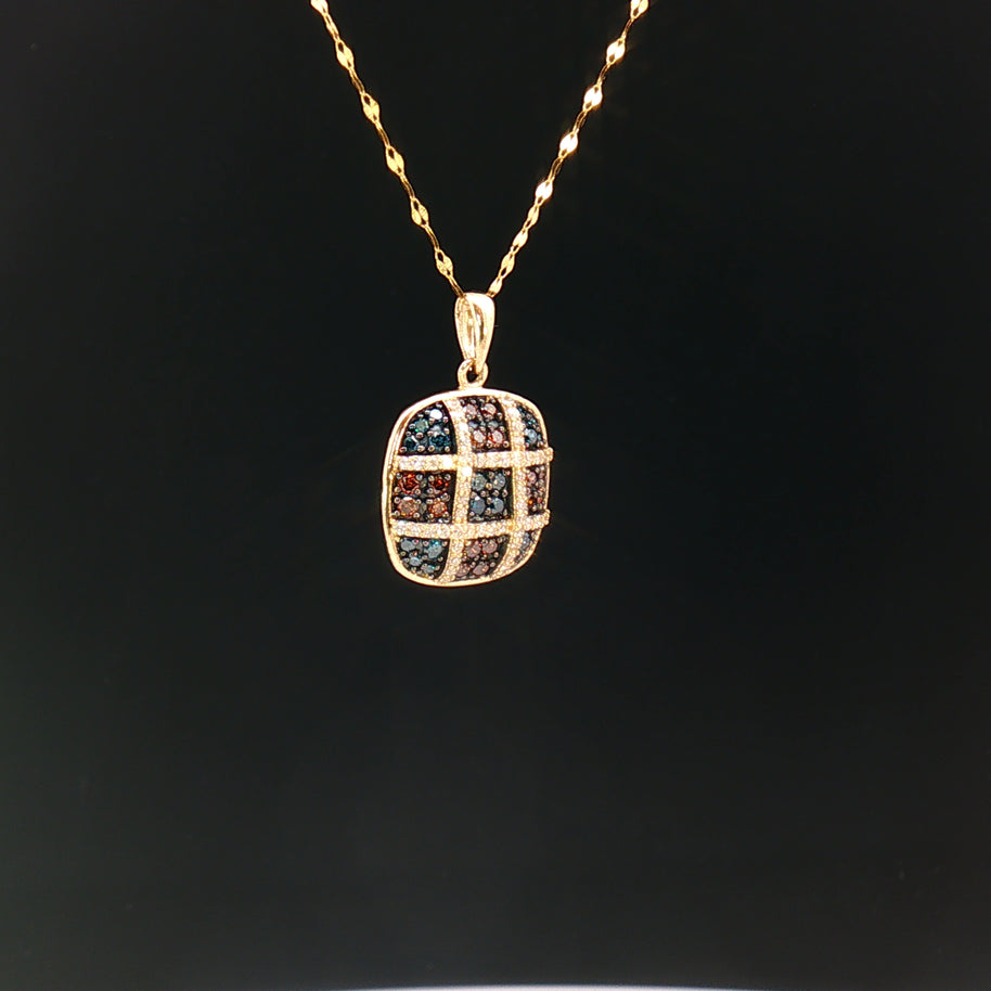 18k Yellow Gold Cushion Pendant – 0.50ct Red, Blue & Colourless Natural Brilliant Diamonds