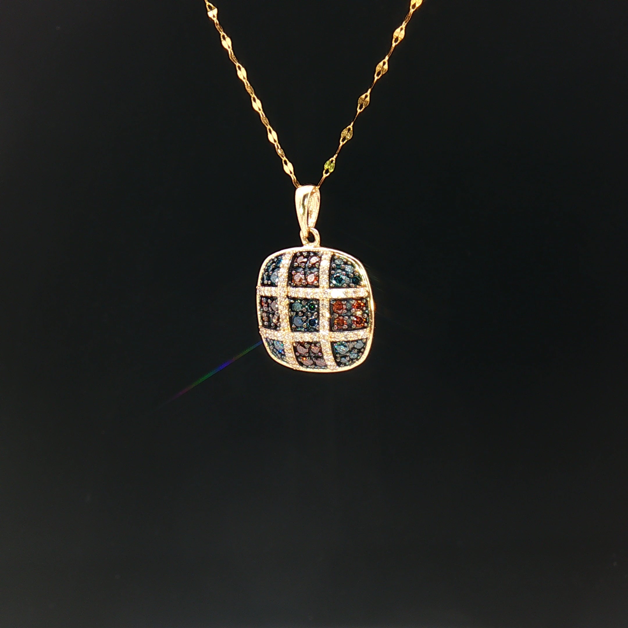 18k Yellow Gold Cushion Pendant – 0.50ct Red, Blue & Colourless Natural Brilliant Diamonds