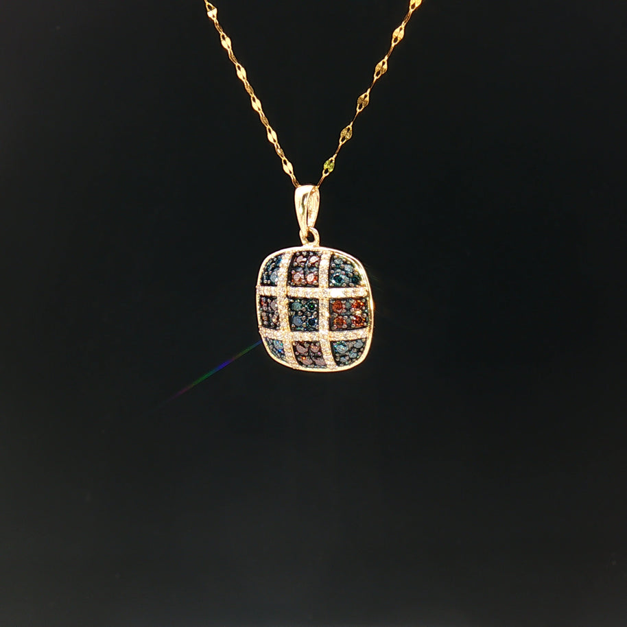 18k Yellow Gold Cushion Pendant – 0.50ct Red, Blue & Colourless Natural Brilliant Diamonds