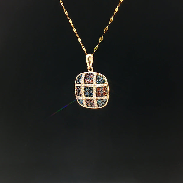 18k Yellow Gold Cushion Pendant – 0.50ct Red, Blue & Colourless Natural Brilliant Diamonds
