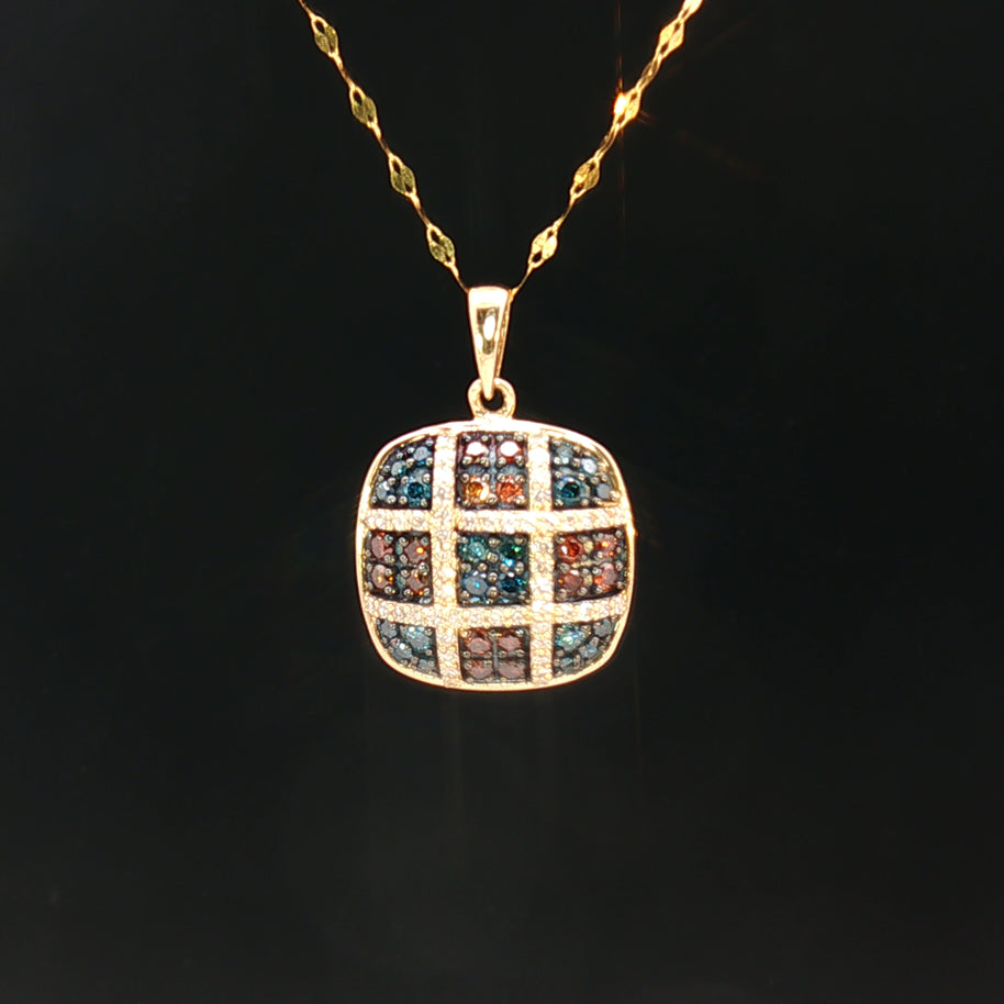 18k Yellow Gold Cushion Pendant – 0.50ct Red, Blue & Colourless Natural Brilliant Diamonds