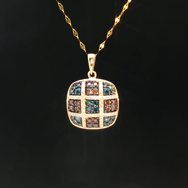 18k Yellow Gold Cushion Pendant – 0.50ct Red, Blue & Colourless Natural Brilliant Diamonds
