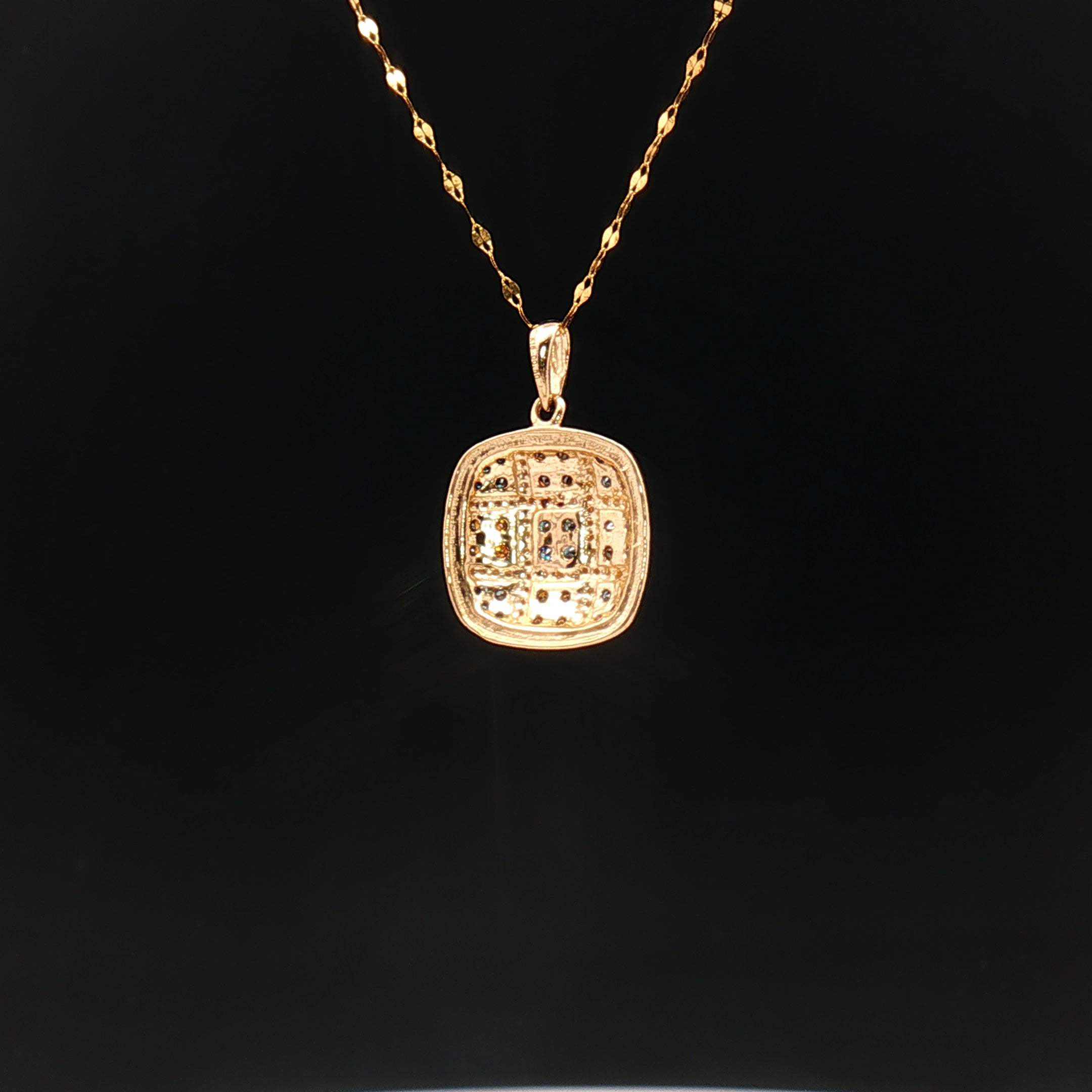 18k Yellow Gold Cushion Pendant – 0.50ct Red, Blue & Colourless Natural Brilliant Diamonds