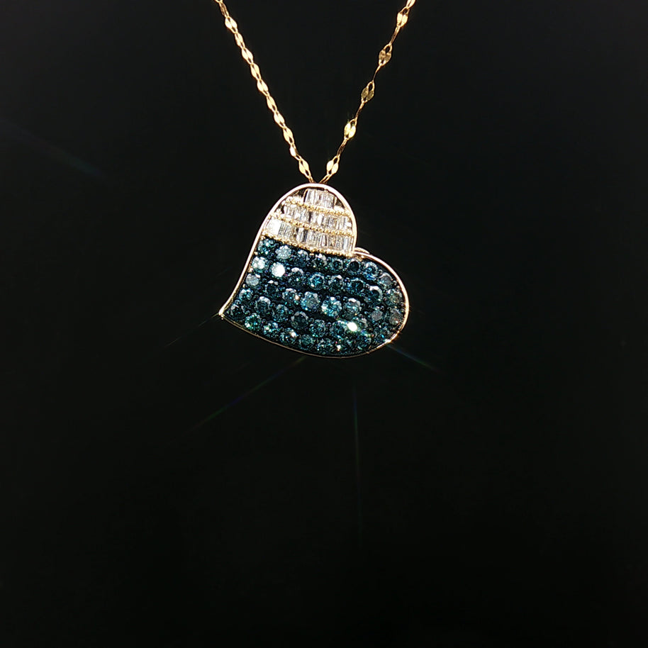 18k Yellow Gold Heart Pendant – 1.00ct Fancy Blue & Colourless Natural Round & Baguette Diamonds