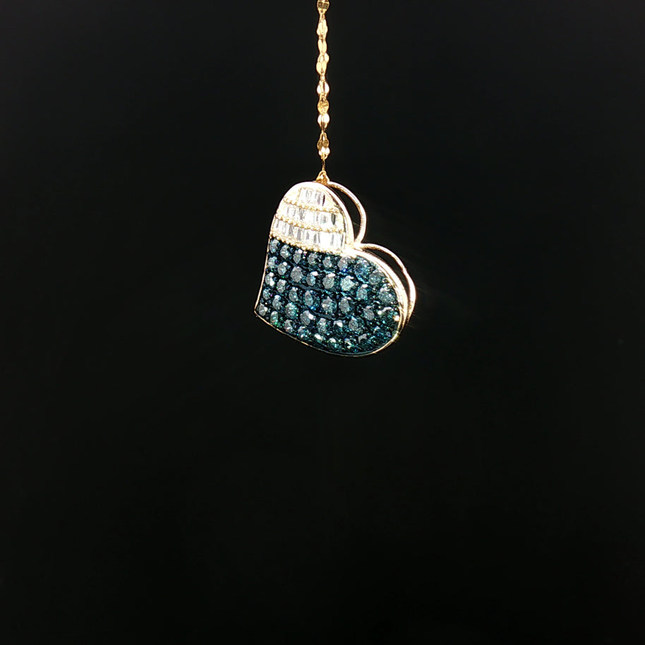18k Yellow Gold Heart Pendant – 1.00ct Fancy Blue & Colourless Natural Round & Baguette Diamonds