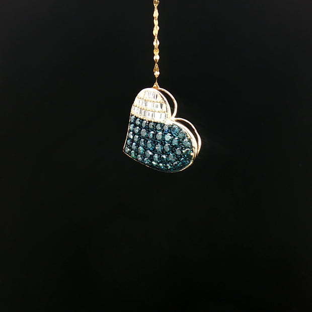 18k Yellow Gold Heart Pendant – 1.00ct Fancy Blue & Colourless Natural Round & Baguette Diamonds