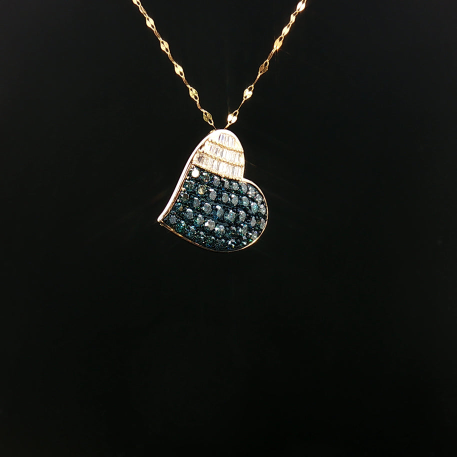 18k Yellow Gold Heart Pendant – 1.00ct Fancy Blue & Colourless Natural Round & Baguette Diamonds