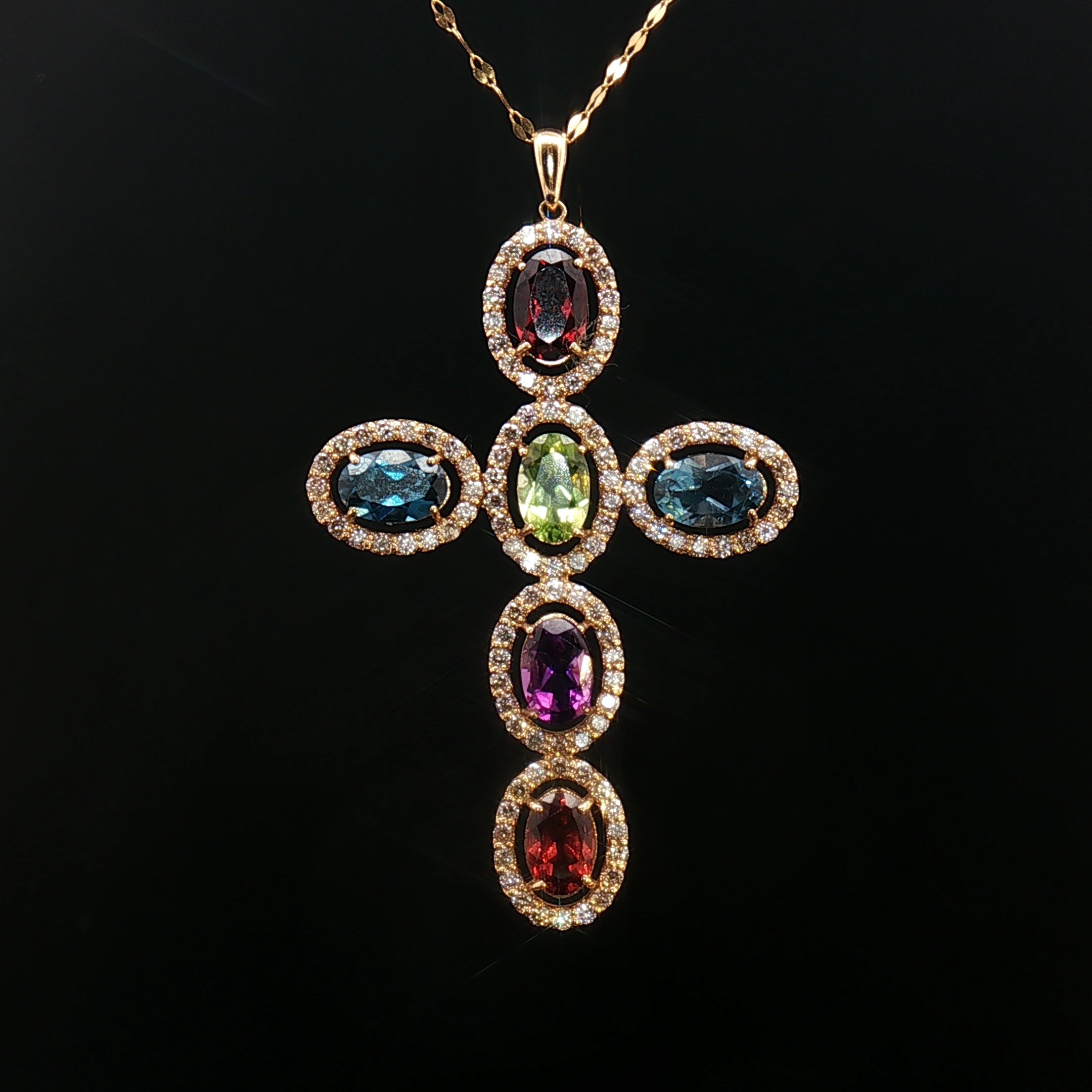18k Yellow Gold Multi-Colour Oval Gemstone Cross Pendant – 1.12ct Gemstones & 0.50ct Natural Diamond Halo