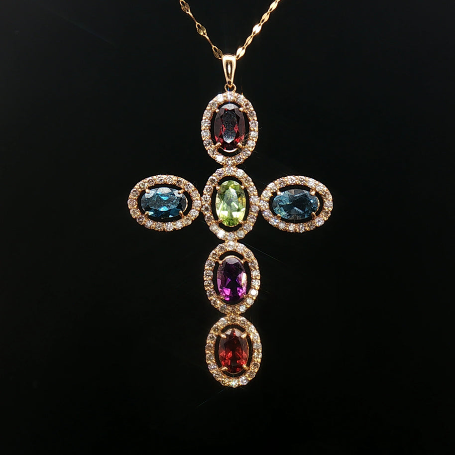 18k Yellow Gold Multi-Colour Oval Gemstone Cross Pendant – 1.12ct Gemstones & 0.50ct Natural Diamond Halo