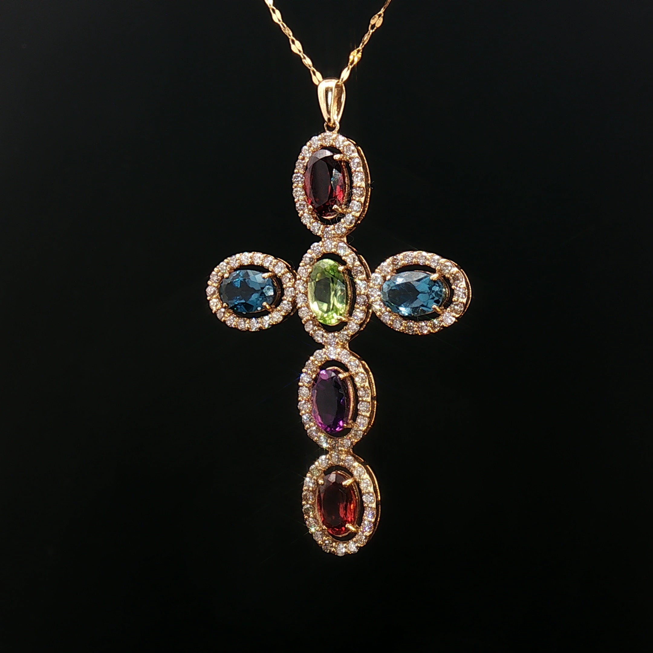 18k Yellow Gold Multi-Colour Oval Gemstone Cross Pendant – 1.12ct Gemstones & 0.50ct Natural Diamond Halo