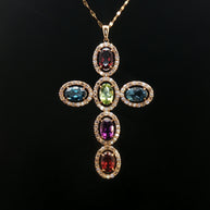 18k Yellow Gold Multi-Colour Oval Gemstone Cross Pendant – 1.12ct Gemstones & 0.50ct Natural Diamond Halo