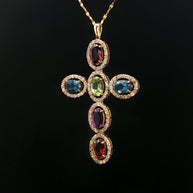 18k Yellow Gold Multi-Colour Oval Gemstone Cross Pendant – 1.12ct Gemstones & 0.50ct Natural Diamond Halo