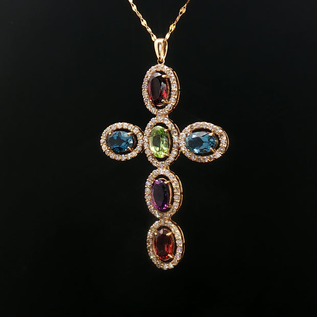 18k Yellow Gold Multi-Colour Oval Gemstone Cross Pendant – 1.12ct Gemstones & 0.50ct Natural Diamond Halo
