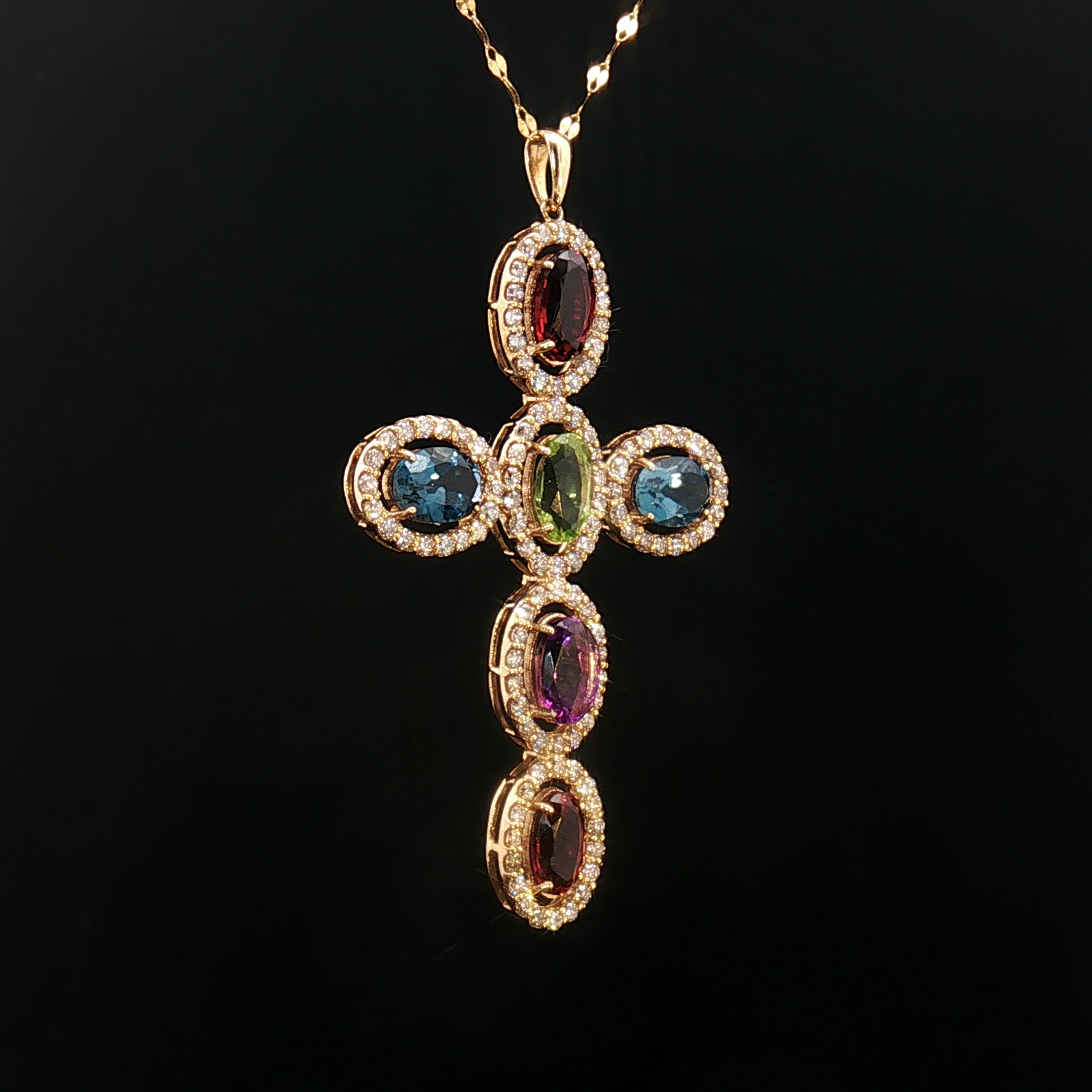 18k Yellow Gold Multi-Colour Oval Gemstone Cross Pendant – 1.12ct Gemstones & 0.50ct Natural Diamond Halo