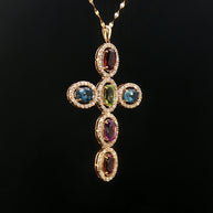 18k Yellow Gold Multi-Colour Oval Gemstone Cross Pendant – 1.12ct Gemstones & 0.50ct Natural Diamond Halo
