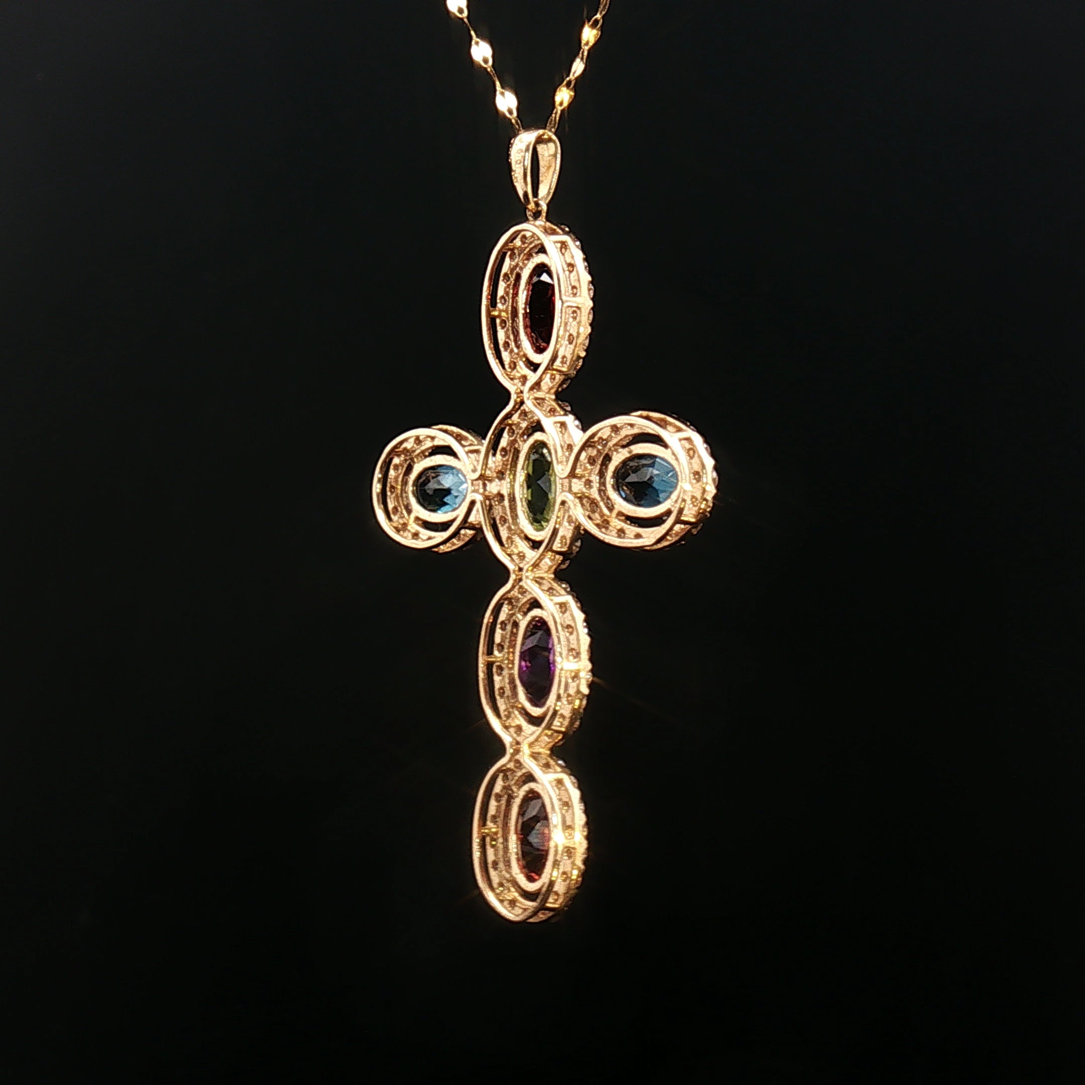 18k Yellow Gold Multi-Colour Oval Gemstone Cross Pendant – 1.12ct Gemstones & 0.50ct Natural Diamond Halo