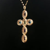 18k Yellow Gold Multi-Colour Oval Gemstone Cross Pendant – 1.12ct Gemstones & 0.50ct Natural Diamond Halo