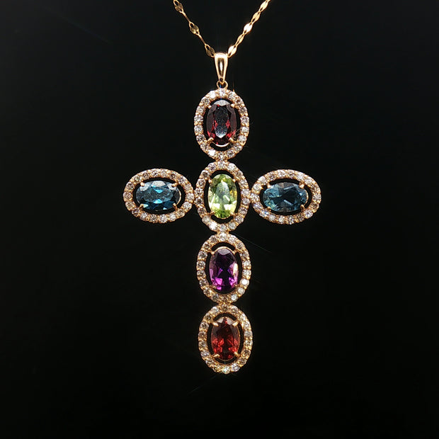 18k Yellow Gold Multi-Colour Oval Gemstone Cross Pendant – 1.12ct Gemstones & 0.50ct Natural Diamond Halo