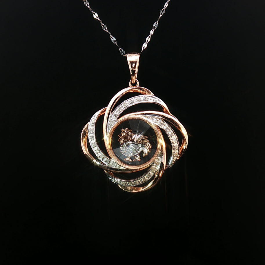 14k Rose & White Gold Rooster Windmill Pendant – 0.12ct Natural Round Brilliant Diamond Accents
