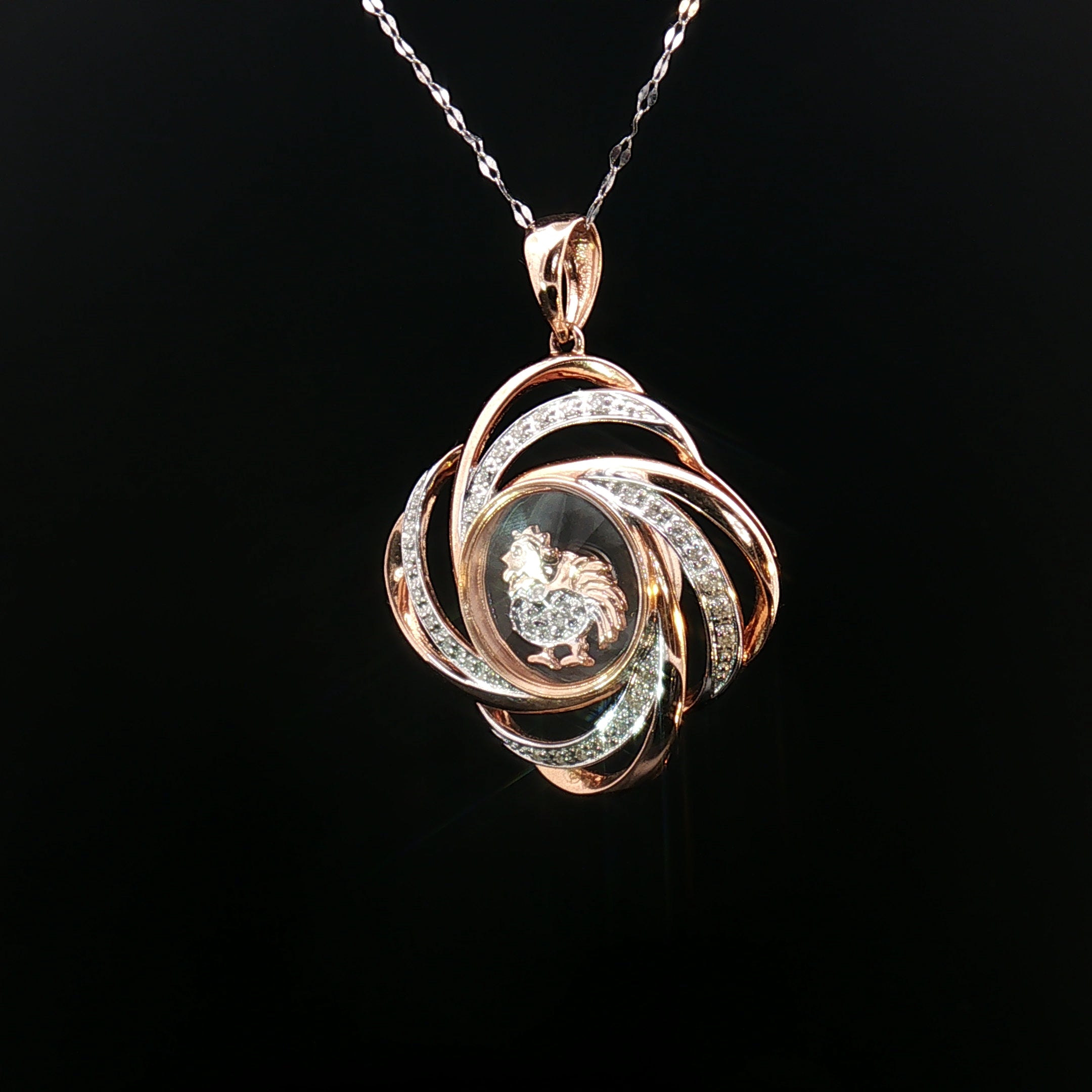 14k Rose & White Gold Rooster Windmill Pendant – 0.12ct Natural Round Brilliant Diamond Accents