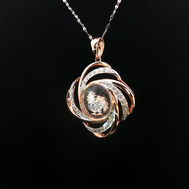 14k Rose & White Gold Rooster Windmill Pendant – 0.12ct Natural Round Brilliant Diamond Accents